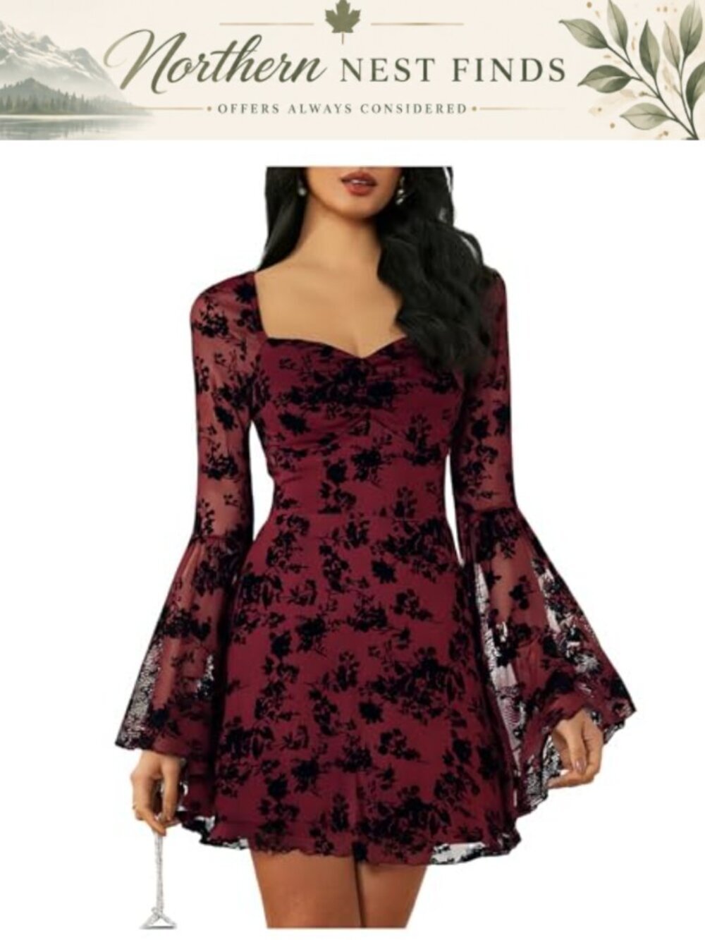 Gothic Floral Mesh Long Sleeve A-Line Dress
